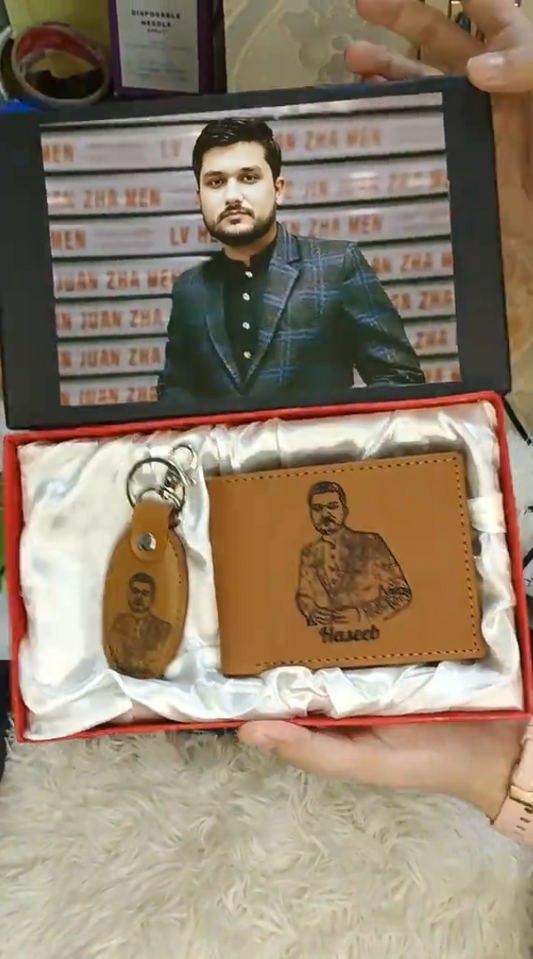 Leather Wallet + Keychain (PHOTO ON BOX)